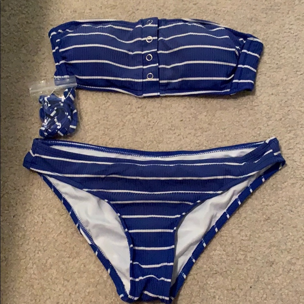 Blue and white striped bathing suit